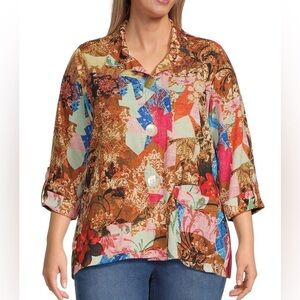 NEW Plus Size Ali Miles Multi Abstract Print 3/4 Cuffed Sleeve Button Top $79